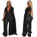 Top Quality Fall Autumn Elegant Evening Luxury Sequin Jumpsuit Woman Club Bodysuit Ladies with Sleeves Jumpsuit Wide Legs Pants